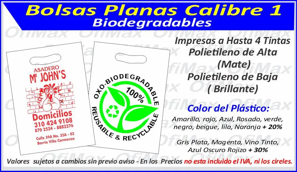 bolsas plasticas planas  biodegradables calibre 1.5